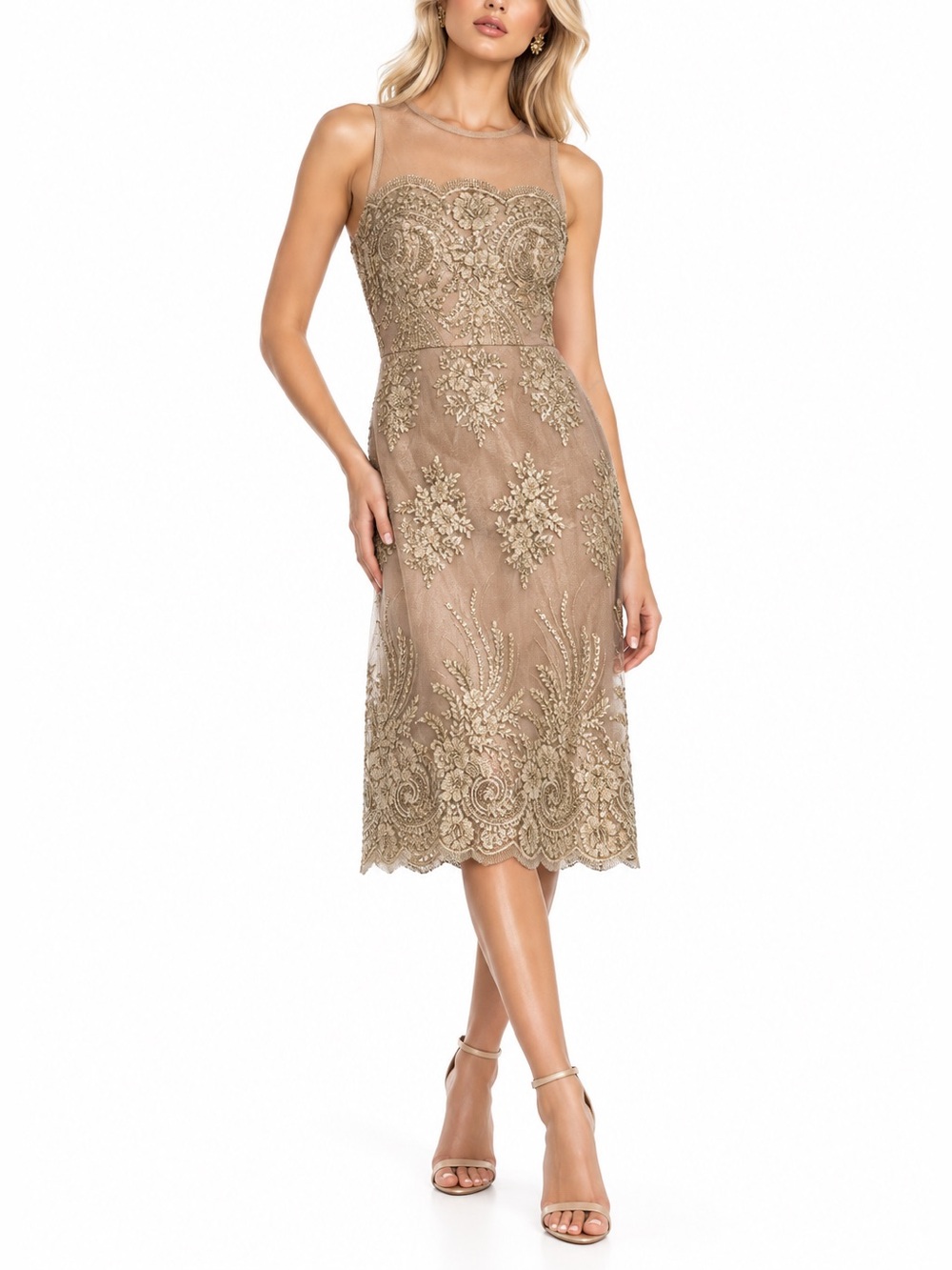 Donna Ricco Gold Embroidered Midi Cocktail Dress